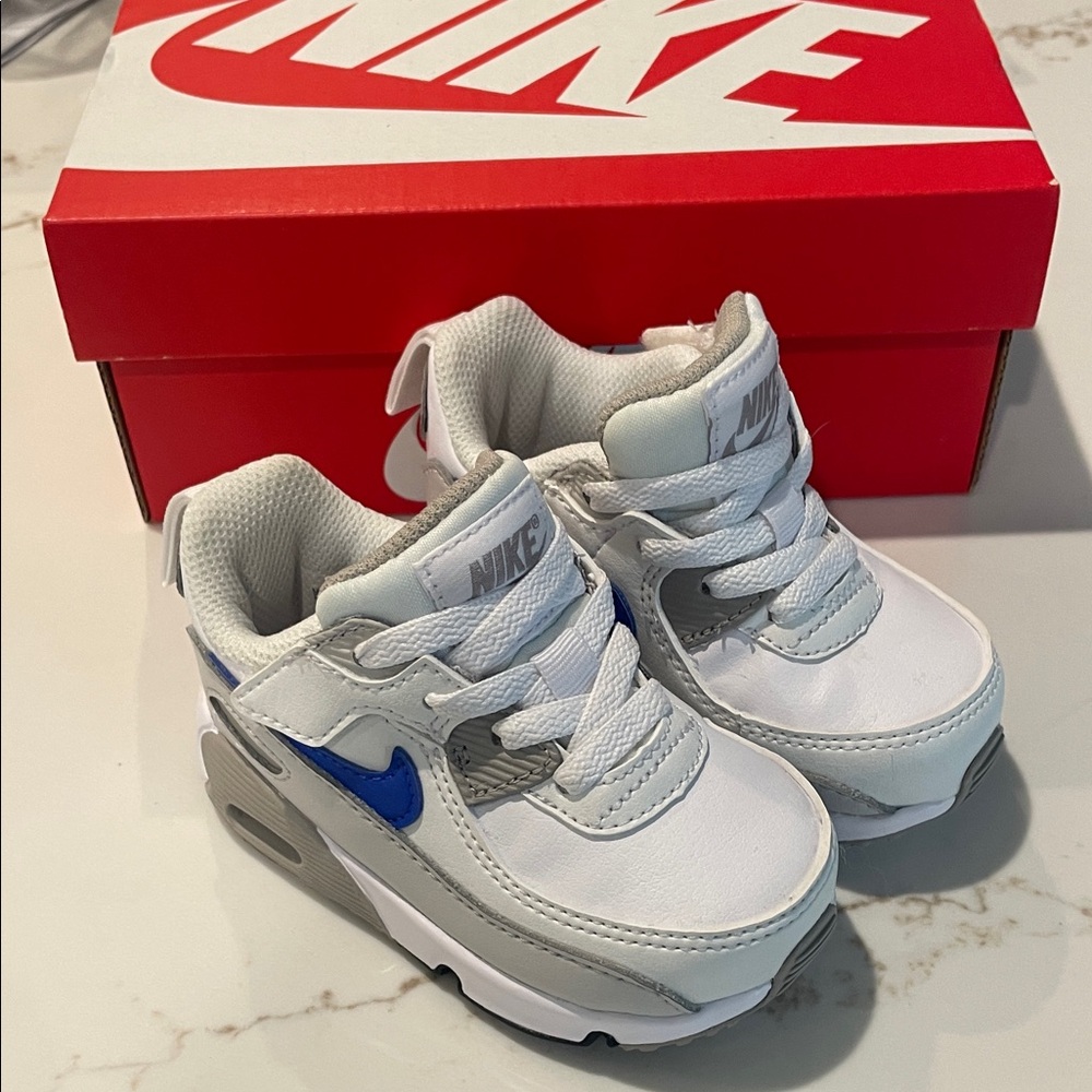 Nike Kids White and Gray Sneakers with Blue Accents